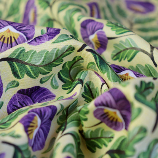 Tessuto in Raso di 100% Cotone: Pansy -  Viola del Pensiero su sfondo Giallo