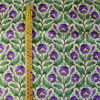 Set di 3 Tessuti Coordinati in Raso 100% Cotone: Pansy -  Viola del Pensiero su sfondo Giallo