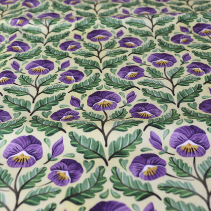 Tessuto in Raso di 100% Cotone: Pansy -  Viola del Pensiero su sfondo Giallo