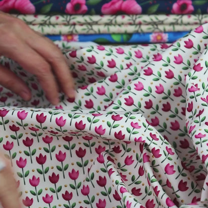 Tessuto SOFTSHELL impermeabile: Tulipani rosa su sfondo giallo chiaro