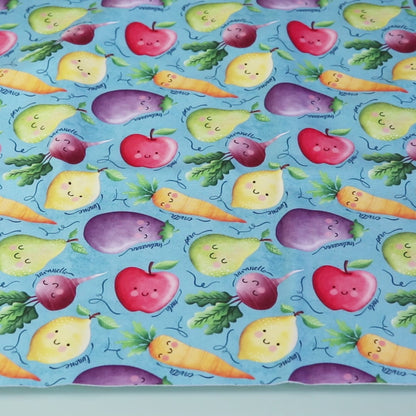 Tessuto SOFTSHELL impermeabile: Frutta e Verdura su sfondo Celeste