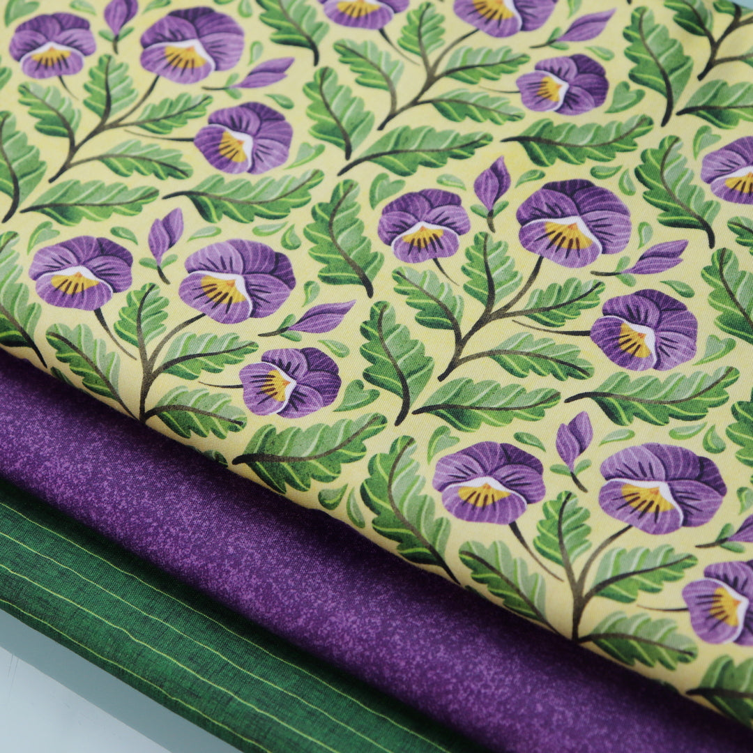 Set di 3 Tessuti Coordinati in Raso 100% Cotone: Pansy -  Viola del Pensiero su sfondo Giallo
