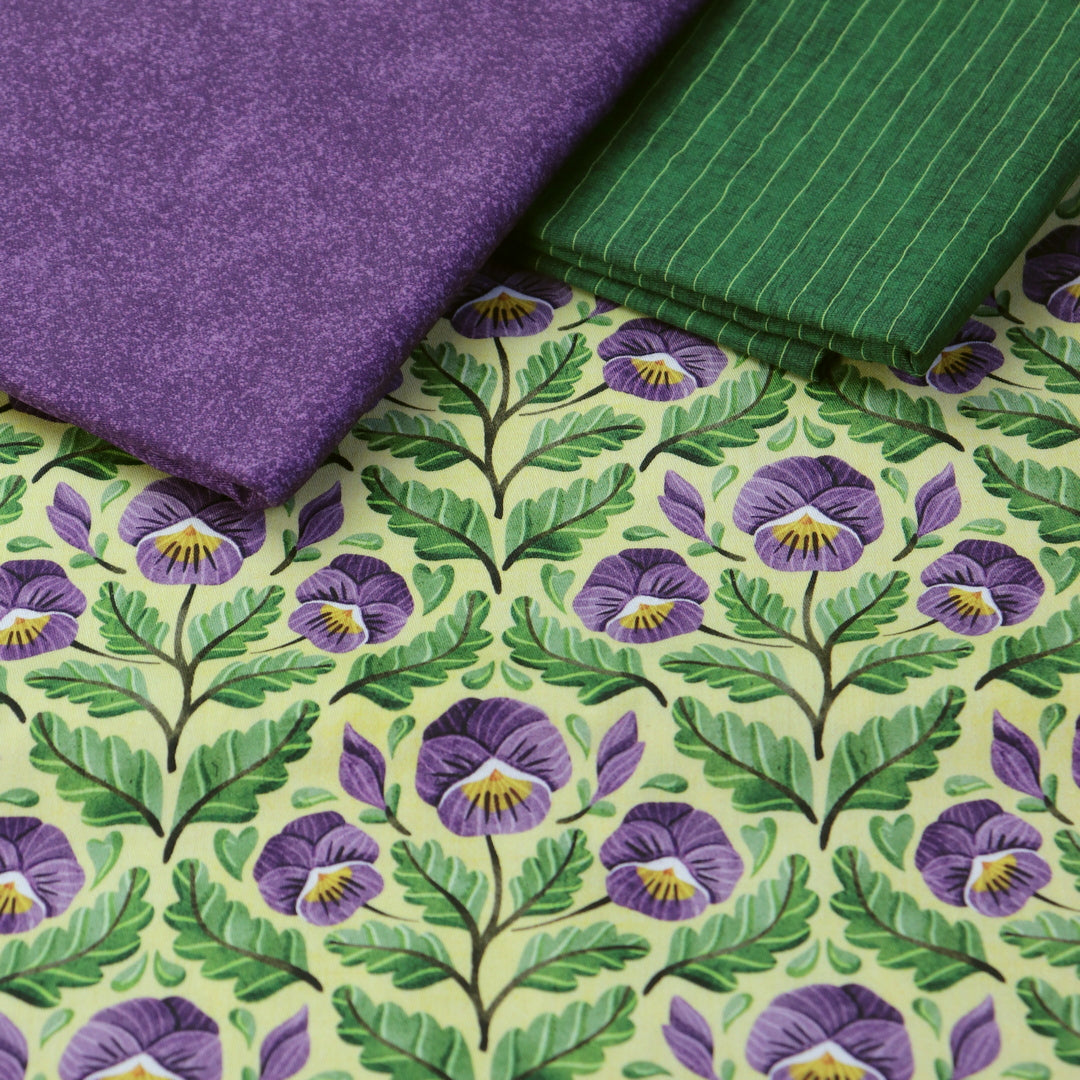 Set di 3 Tessuti Coordinati in Raso 100% Cotone: Pansy -  Viola del Pensiero su sfondo Giallo