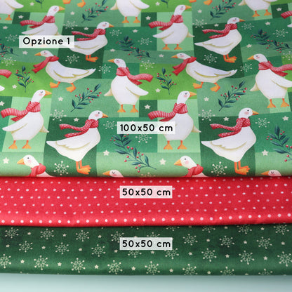Set di Tessuti Coordinati in Raso di Cotone: "Merry Geese", Oche di Natale su sfondo Verde