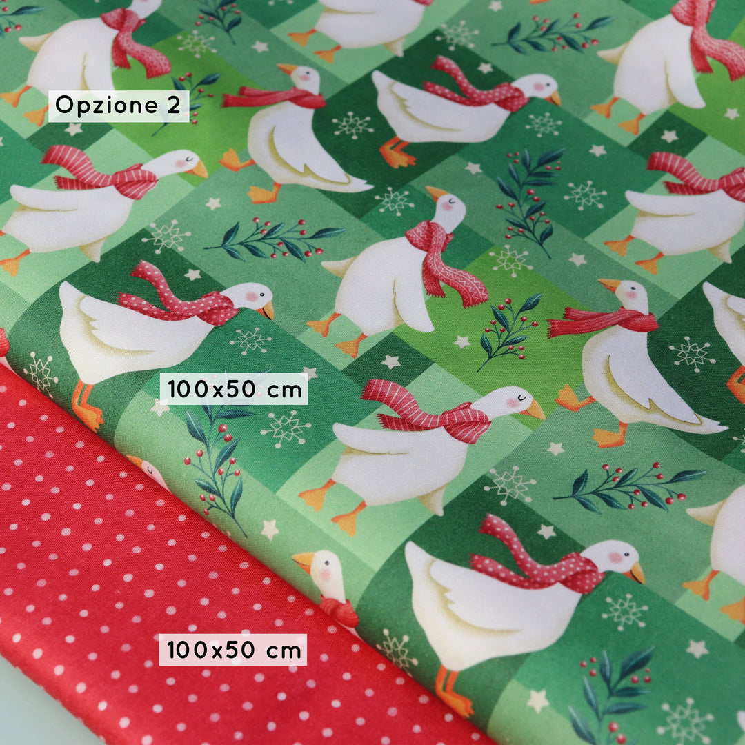 Set di Tessuti Coordinati in Raso di Cotone: "Merry Geese", Oche di Natale su sfondo Verde