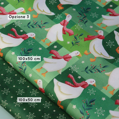 Set di Tessuti Coordinati in Raso di Cotone: "Merry Geese", Oche di Natale su sfondo Verde