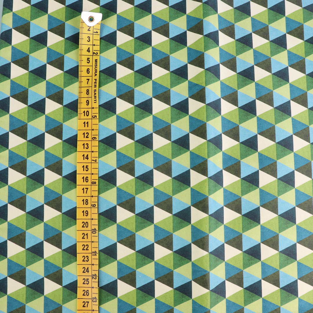 Tessuto in Raso di 100% Cotone: Stampa geometrica con triangoli sul verde e blu