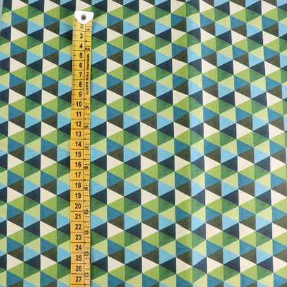 Tessuto in Raso di 100% Cotone: Stampa geometrica con triangoli sul verde e blu