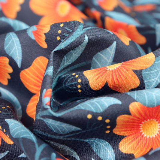 Tessuto in Raso di 100% Cotone: Vintage Botanica - Fiori Arancioni su sfondo Scuro